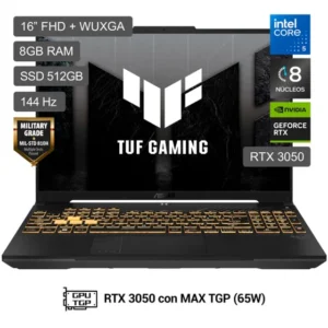 LAPTOP ASUS TUF GAMING F16 FX607VJ-RL001W INTEL CORE 5 8GB RAM 512GB SSD 16” RTX 3050