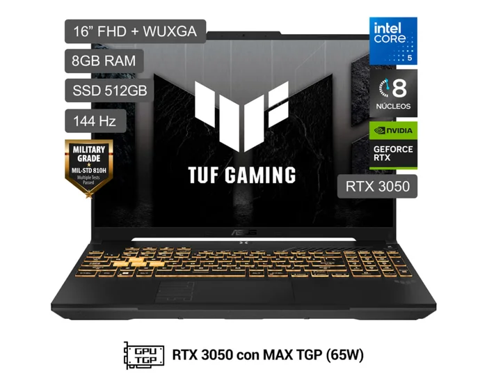 LAPTOP ASUS TUF GAMING F16 FX607VJ-RL001W INTEL CORE 5 8GB RAM 512GB SSD 16” RTX 3050