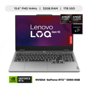 Laptop Gamer Lenovo LOQ serie 200 AMD Ryzen 7 RTX 5060 32GB RAM 1TB SSD 15.6" FHD 144Hz