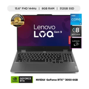 LAPTOP GAMER LENOVO LOQ INTEL CORE I5 12450HX 8GB RAM 512 SSD RTX 3050 6GB 15.6" FHD 144HZ