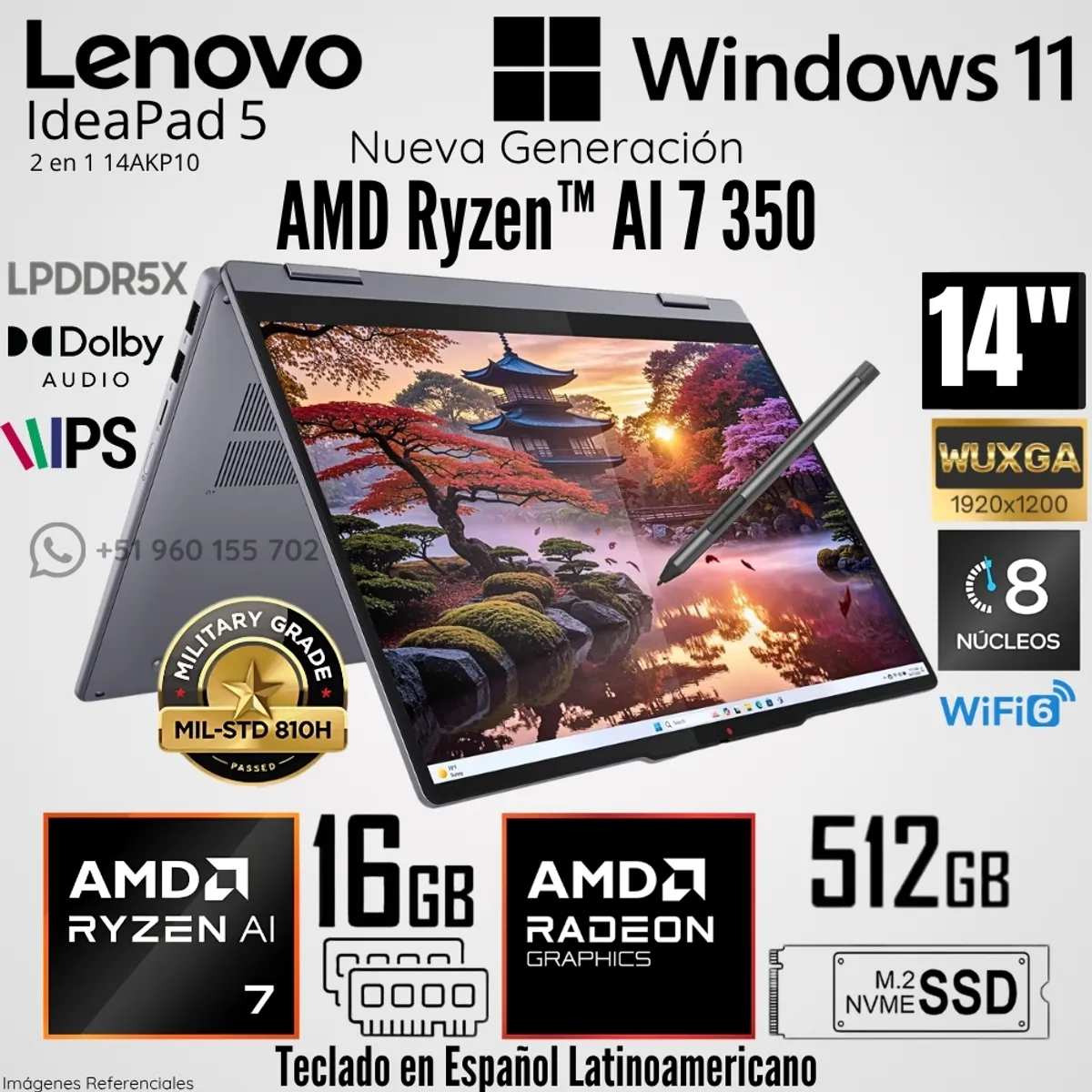 Laptop Lenovo IdeaPad 5 2 en 1 14AKP10 AMD Ryzen AI 7 350 16GB RAM 512GB SSD 14" WUXGA Táctil